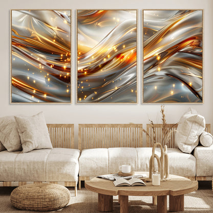 Lines1-MGV-FC-60X30-3P_Natural-Abstract Metallic Wall Art – Silver and Gold Wave Canvas Print with Sparkling Accents, Modern Luxury Decor for Living Room, Office