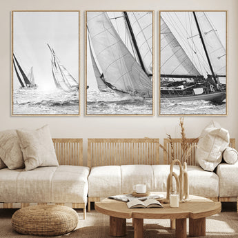 Boat-1-MGV-FC-60X30-3P_Natural-Sailboat Racing Wall Art – Nautical Black and White Canvas Print, Ocean Adventure Decor for Office, Living Room or Bedroom