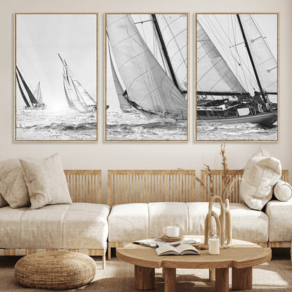 Boat-1-MGV-FC-60X30-3P_Natural-Sailboat Racing Wall Art – Nautical Black and White Canvas Print, Ocean Adventure Decor for Office, Living Room or Bedroom