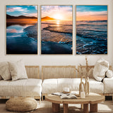 26494-MGV-FC-60X30-3P_Natural-Ocean Sunset Wall Art – Scenic Beach Canvas Print with Waves and Mountains, Coastal Seascape Photography for Living Room, Bedroom