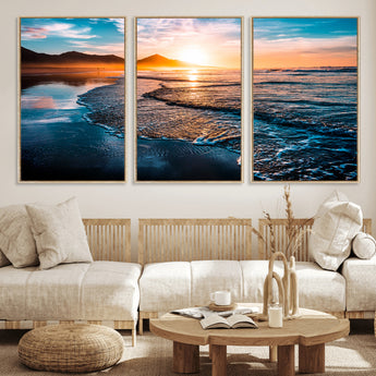 26494-MGV-FC-60X30-3P_Natural-Ocean Sunset Wall Art – Scenic Beach Canvas Print with Waves and Mountains, Coastal Seascape Photography for Living Room, Bedroom