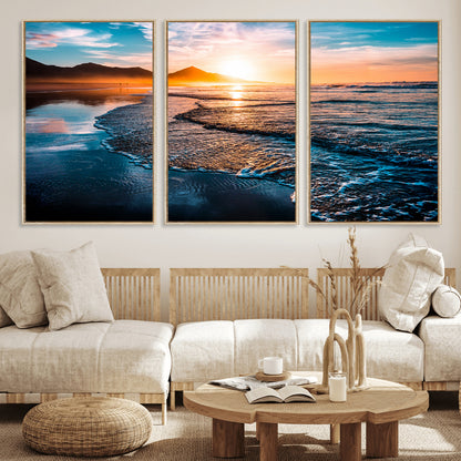 26494-MGV-FC-60X30-3P_Natural-Ocean Sunset Wall Art – Scenic Beach Canvas Print with Waves and Mountains, Coastal Seascape Photography for Living Room, Bedroom