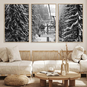 19240-MGV-FC-60X30-3P_Natural-Ski Lift Wall Art – Black and White Winter Mountain Canvas Print, Snowy Forest Ski Resort Photography for Cabin, Lodge, Office or