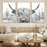 94579-MGV-FC-60X30-3P_Natural-Highland Cow Wall Art – Black and White Longhorn Canvas Print, Rustic Western Farmhouse Animal Photography for Living Room,