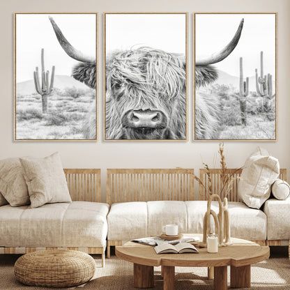 94579-MGV-FC-60X30-3P_Natural-Highland Cow Wall Art – Black and White Longhorn Canvas Print, Rustic Western Farmhouse Animal Photography for Living Room,