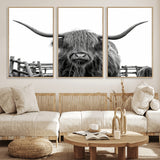 58188-MGV-FC-60X30-3P_Natural-Highland Cow Wall Art – Black and White Rustic Farmhouse Canvas Print, Longhorn Cattle Photography Decor for Living Room or