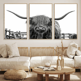 58188-MGV-FC-60X30-3P_Natural-Highland Cow Wall Art – Black and White Rustic Farmhouse Canvas Print, Longhorn Cattle Photography Decor for Living Room or