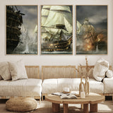 26512-MGV-FC-60X30-3P_Natural-Naval Battle Wall Art – Dramatic Tall Ship Canvas Print, Historic Pirate Sailing War Scene, Nautical Decor for Office, Study or