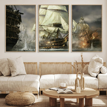 26512-MGV-FC-60X30-3P_Natural-Naval Battle Wall Art – Dramatic Tall Ship Canvas Print, Historic Pirate Sailing War Scene, Nautical Decor for Office, Study or