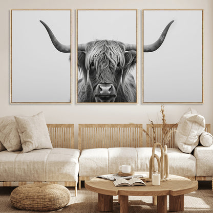 35820-MGV-FC-60X30-3P_Natural-Minimalist Highland Cow Wall Art – Black and White Longhorn Cattle Canvas Print, Modern Farmhouse Animal Photography Decor for