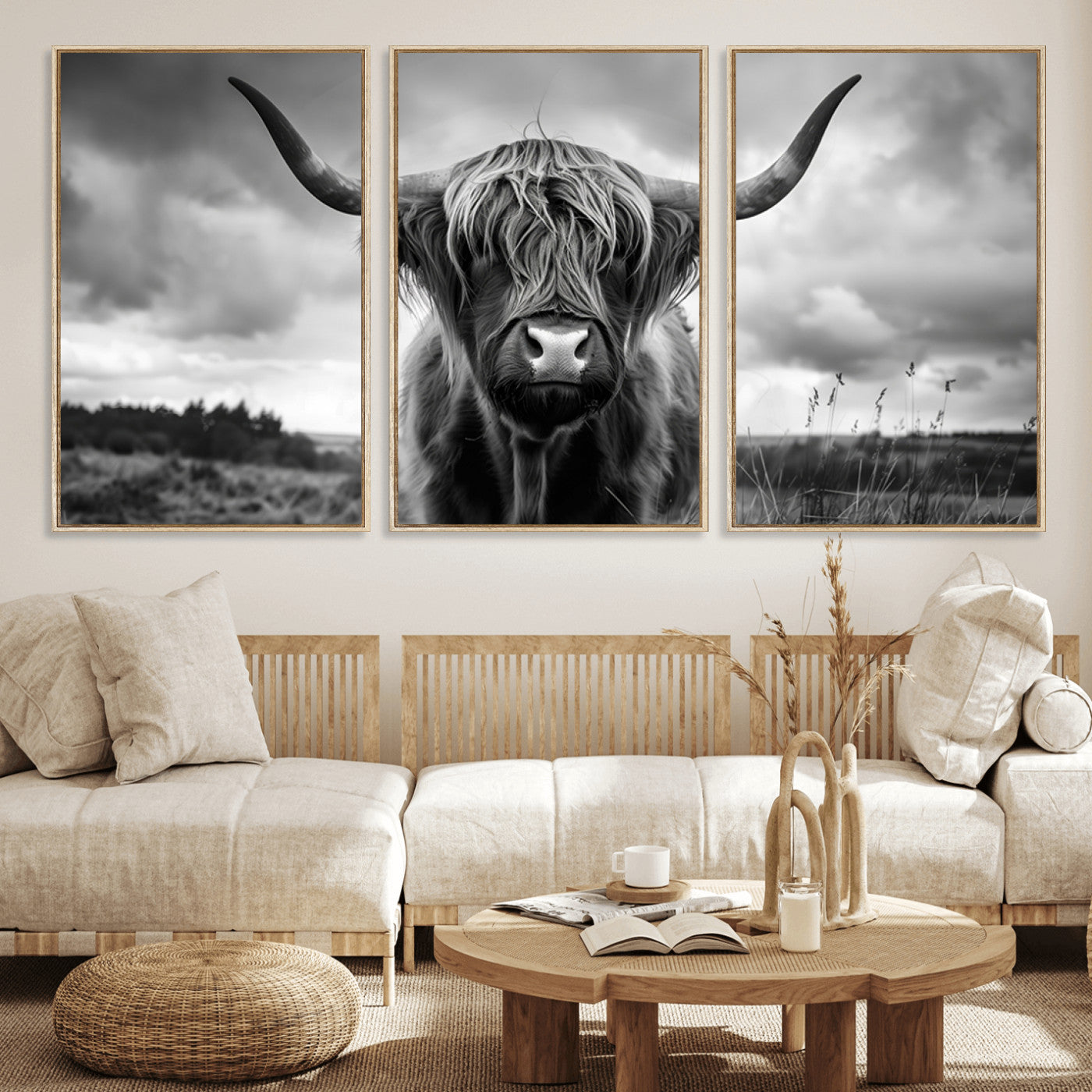 17924-MGV-FC-60X30-3P_Natural-Highland Cow Wall Art – Black and White Rustic Longhorn Cattle Canvas Print, Farmhouse Animal Photography Decor for Country Home