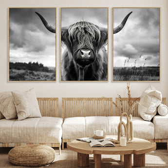 17924-MGV-FC-60X30-3P_Natural-Highland Cow Wall Art – Black and White Rustic Longhorn Cattle Canvas Print, Farmhouse Animal Photography Decor for Country Home