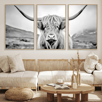 80564-MGV-CV-36X24-Highland Cow Wall Art – Black and White Scottish Highland Canvas Print, Rustic Farmhouse Decor for Living Room, Bedroom or Office