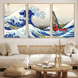 19450-MGV-FC-60X30-3P_Natural-Great Wave Adventure Wall Art – Japanese Style Ocean Canvas Print, Fantasy Sailing Decor for Living Room, Bedroom or Office
