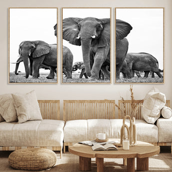 91685-MGV-FC-60X30-3P_Natural-Elephant Herd Wall Art – Black and White Safari Canvas Print, African Wildlife Photography Decor for Living Room, Office or