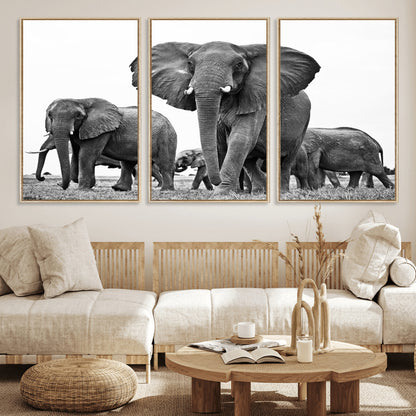 91685-MGV-FC-60X30-3P_Natural-Elephant Herd Wall Art – Black and White Safari Canvas Print, African Wildlife Photography Decor for Living Room, Office or