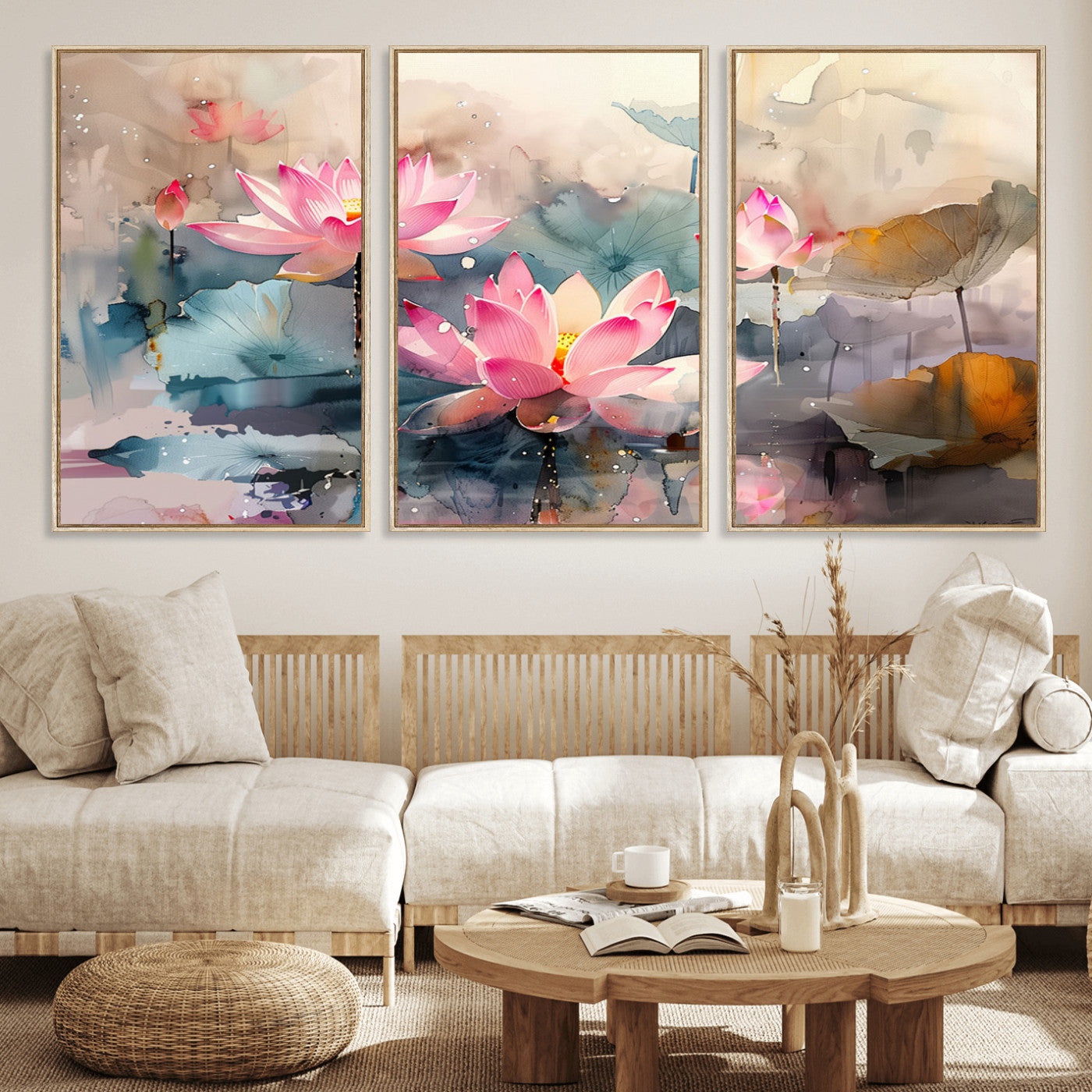 27936-MGV-CV-36X24-Lotus Pond Wall Art – Watercolor Pink Lotus Flowers Canvas Print, Tranquil Botanical Artwork for Bedroom, Living Room or