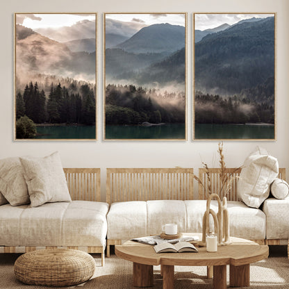 61116-MGV-FC-60X30-3P_Natural-Misty Mountain Lake Wall Art – Tranquil Foggy Forest and Lake Canvas Print, Scenic Nature Landscape Decor for Living Room or