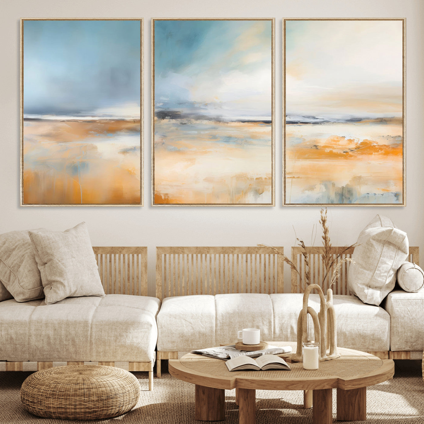 92764-MGV-FC-60X30-3P_Natural-Abstract Landscape Wall Art – Modern Blue and Orange Canvas Print, Large Minimalist Painting for Living Room, Bedroom, Office or