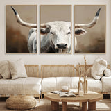 61423-MGV-FC-60X30-3P_Natural-Longhorn Bull Wall Art – Rustic Western Texas Steer Canvas Print, Cowboy Farmhouse Decor for Living Room, Bedroom, Office or Ranch