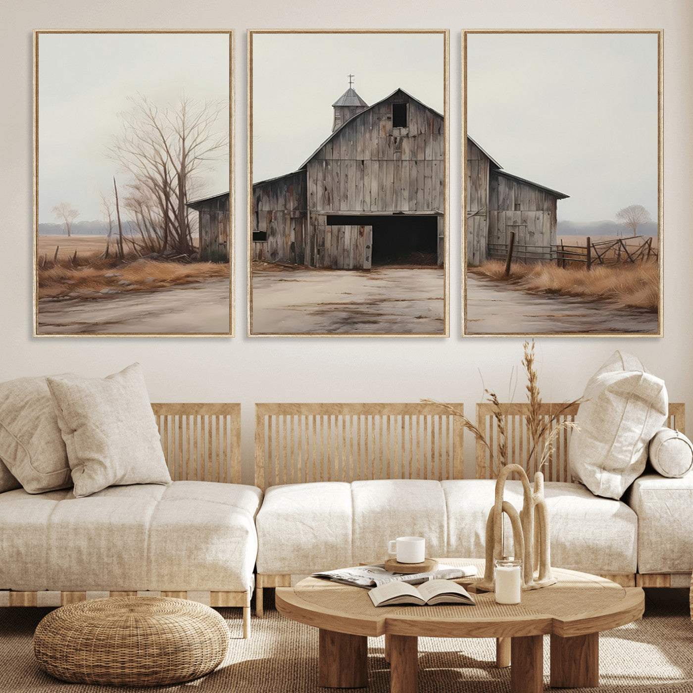 11602-MGV-FC-60X30-3P_Natural-Old Barn Wall Art Canvas Print, Framed Rustic Barn Art Picture Print, Old Farmhouse Perfect Rustic Farmhouse Decor Artwork