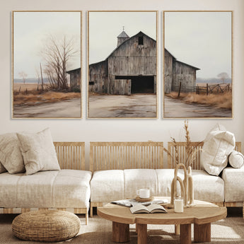 11602-MGV-FC-60X30-3P_Natural-Old Barn Wall Art Canvas Print, Framed Rustic Barn Art Picture Print, Old Farmhouse Perfect Rustic Farmhouse Decor Artwork