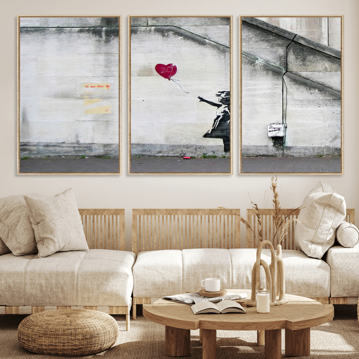 50559-MGV-FC-60X30-3P_Natural-Banksy Girl with Balloon Wall Art – Famous Street Graffiti Canvas Print, Modern Urban Artwork for Living Room, Bedroom or Office