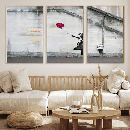 50559-MGV-FC-60X30-3P_Natural-Banksy Girl with Balloon Wall Art – Famous Street Graffiti Canvas Print, Modern Urban Artwork for Living Room, Bedroom or Office