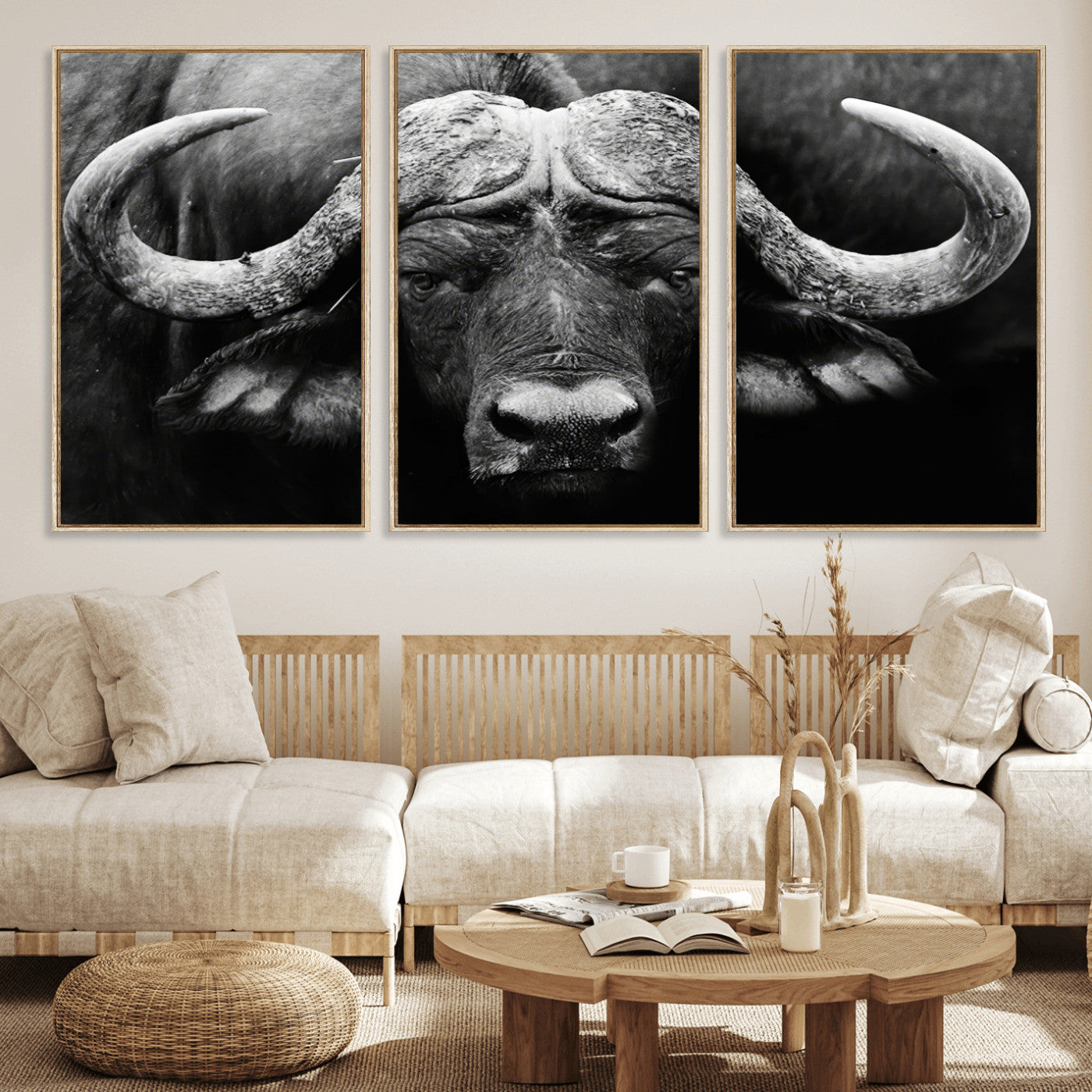 75273-MGV-FC-60X30-3P_Natural-Buffalo Wall Art – Black and White African Buffalo Canvas Print, Rustic Wildlife Animal Artwork for Farmhouse, Living Room,