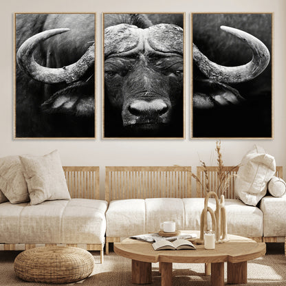 75273-MGV-FC-60X30-3P_Natural-Buffalo Wall Art – Black and White African Buffalo Canvas Print, Rustic Wildlife Animal Artwork for Farmhouse, Living Room,