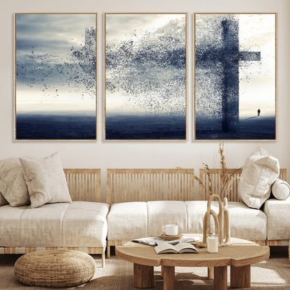 55718-MGV-FC-60X30-3P_Natural-Surreal Cross Wall Art – Spiritual Faith Canvas Print, Abstract Christian Artwork with Modern Religious Symbol for Living Room,