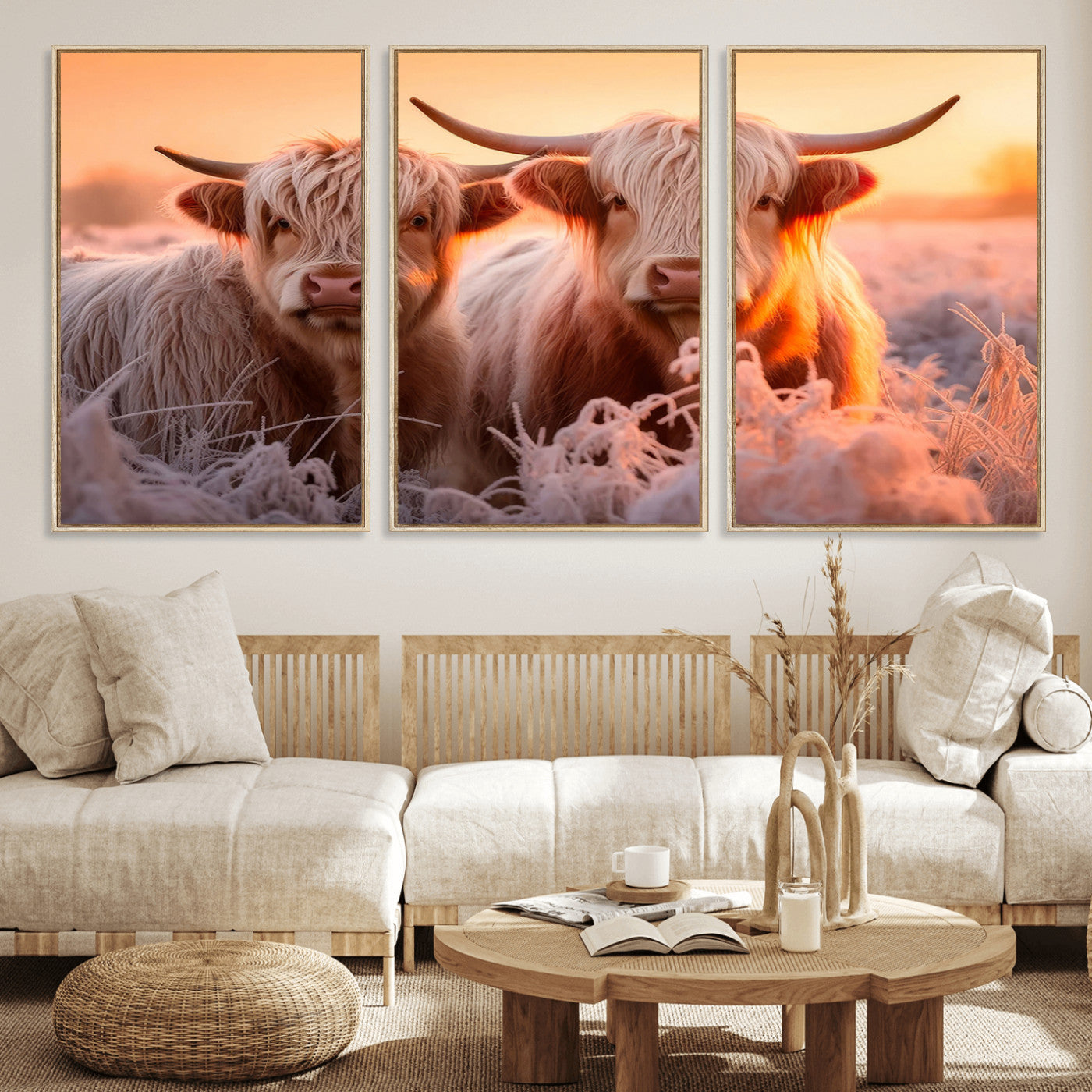 68253-MGV-CV-36X24-Highland Cow Wall Art – Rustic Farmhouse Cattle Canvas Print, Frosty Sunset Animal Artwork for Living Room, Bedroom or Country