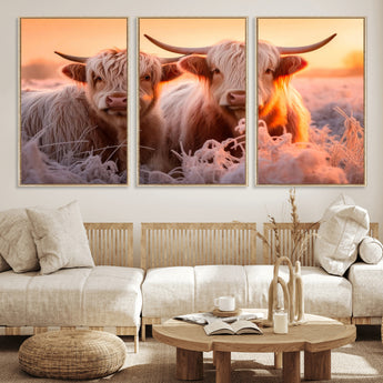 68253-MGV-CV-36X24-Highland Cow Wall Art – Rustic Farmhouse Cattle Canvas Print, Frosty Sunset Animal Artwork for Living Room, Bedroom or Country