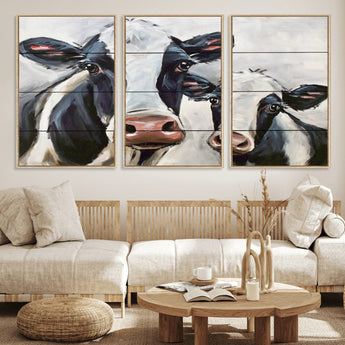 28934-MGV-FC-60X30-3P_Natural-Farmhouse Cow Wall Art – Rustic Black and White Dairy Cattle Canvas Print, Country Barn Animal Painting for Kitchen, Living Room