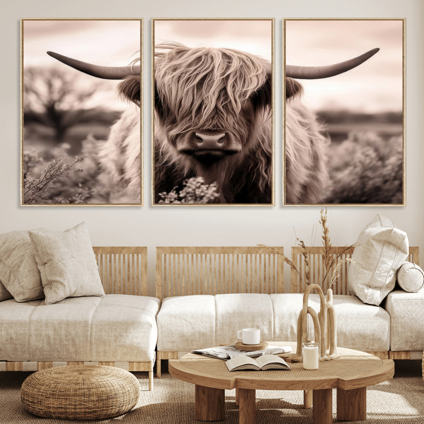55903-MGV-FC-60X30-3P_Natural-Highland Cow Wall Art – Rustic Sepia Scottish Highland Bull Canvas Print, Farmhouse Country Animal Decor for Living Room, Bedroom