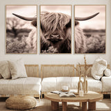 55903-MGV-FC-60X30-3P_Natural-Highland Cow Wall Art – Rustic Sepia Scottish Highland Bull Canvas Print, Farmhouse Country Animal Decor for Living Room, Bedroom