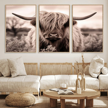 55903-MGV-FC-60X30-3P_Natural-Highland Cow Wall Art – Rustic Sepia Scottish Highland Bull Canvas Print, Farmhouse Country Animal Decor for Living Room, Bedroom