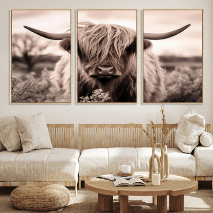 55903-MGV-FC-60X30-3P_Natural-Highland Cow Wall Art – Rustic Sepia Scottish Highland Bull Canvas Print, Farmhouse Country Animal Decor for Living Room, Bedroom