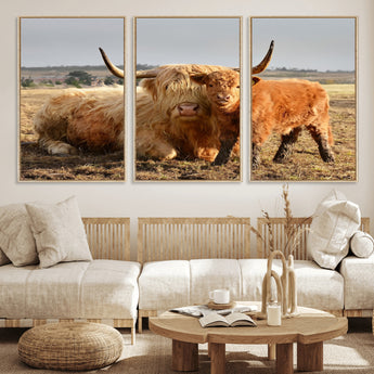 53461-MGV-FC-60X30-3P_Natural-Highland Cow Family Wall Art – Rustic Farmhouse Animal Canvas Print, Country Decor for Living Room, Bedroom or Office, Calf and
