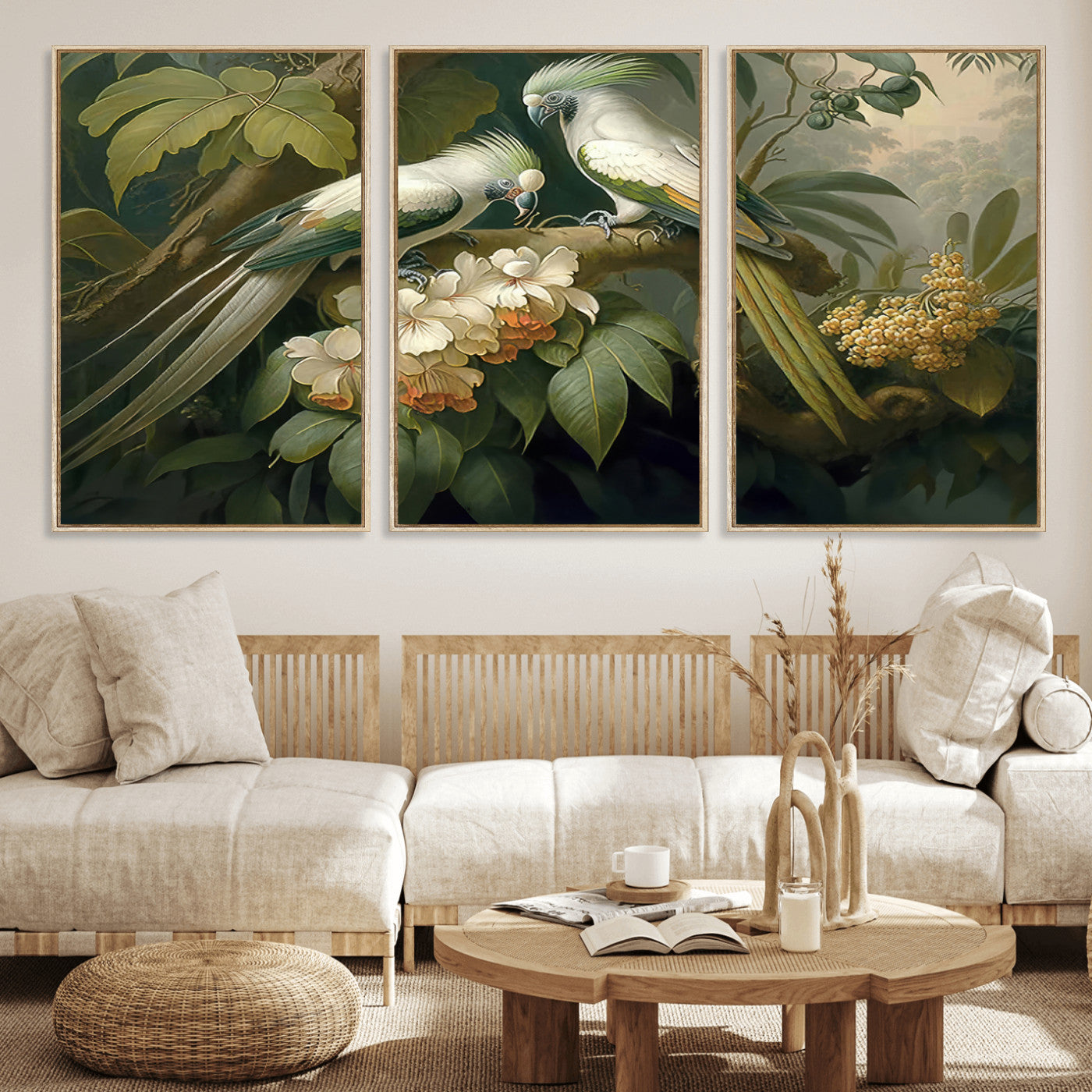 84047-MGV-FC-60X30-3P_Natural-Tropical Birds Wall Art – Elegant Botanical Canvas Print, Exotic Nature Decor for Living Room, Bedroom or Office
