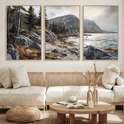41281-MGV-CV-36X24-Rocky Shoreline Wall Art – Panoramic Mountain Coast and Forest Canvas Print, Rustic Nature Landscape Decor for Cabin, Lodge, or