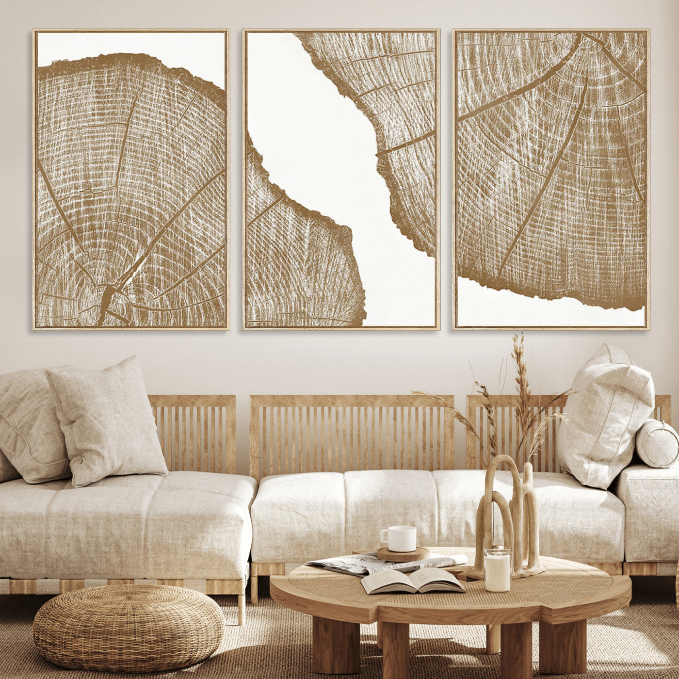 99692-MGV-FC-60X30-3P_Natural-Tree Ring Linocut Wall Art Canvas Print, Framed Wood Cut Art Picture Print, Tree Rings Perfect Minimalist Rustic Decor Artwork