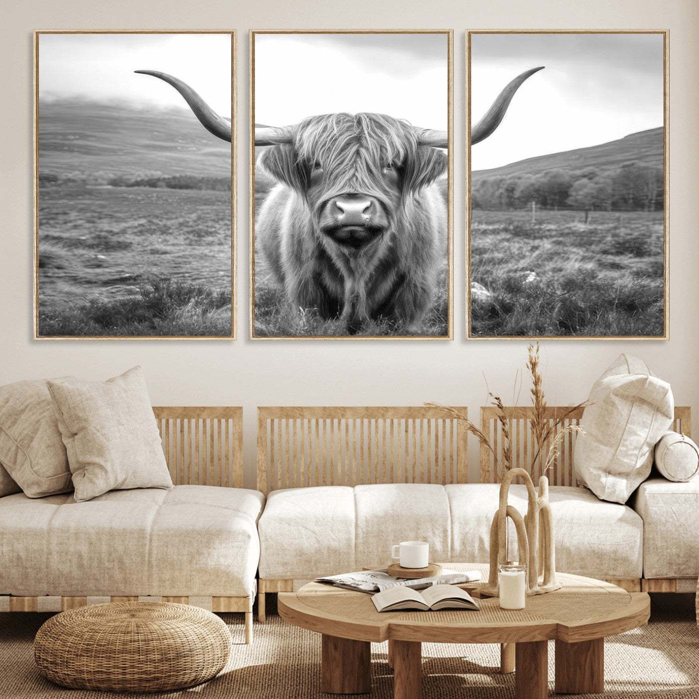 52903-MGV-CV-36X24-Highland Cow Wall Art – Black and White Canvas Print Rustic Cattle Portrait, Farmhouse Country Decor for Living Room, Office,