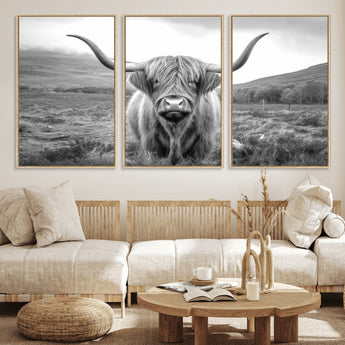52903-MGV-CV-36X24-Highland Cow Wall Art – Black and White Canvas Print Rustic Cattle Portrait, Farmhouse Country Decor for Living Room, Office,