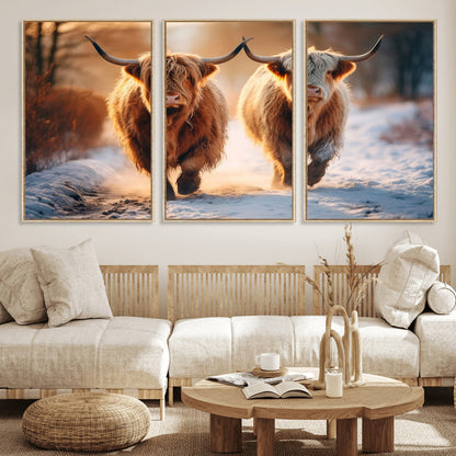 94810-MGV-FC-60X30-3P_Natural-Highland Cow Wall Art – Rustic Canvas Print Two Cattle Snow Path Sunset, Farmhouse Country Decor for Living Room, Bedroom, Office,