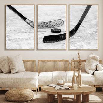 82900-MGV-CV-36X24-Hockey Wall Art – Black and White Canvas Print Ice Rink Sticks Puck Sports Photography, Modern Decor for Game Room, Man Cave,