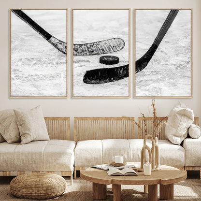 82900-MGV-CV-36X24-Hockey Wall Art – Black and White Canvas Print Ice Rink Sticks Puck Sports Photography, Modern Decor for Game Room, Man Cave,
