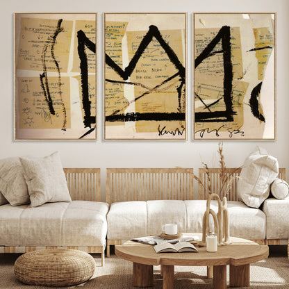 37215-MGV-FC-60X30-3P_Natural-Abstract Crown Wall Art – Urban Graffiti Style Canvas Print Modern Street Art Design, Bold Contemporary Decor for Living Room,