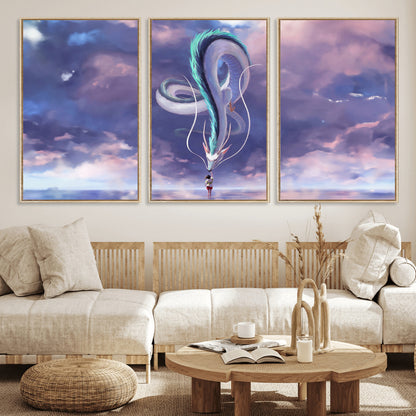 66864-MGV-CV-36X24-Fantasy Dragon Wall Art – Mystical Canvas Print Girl and Sky Serpent Dreamlike Clouds, Magical Anime Inspired Decor for Living