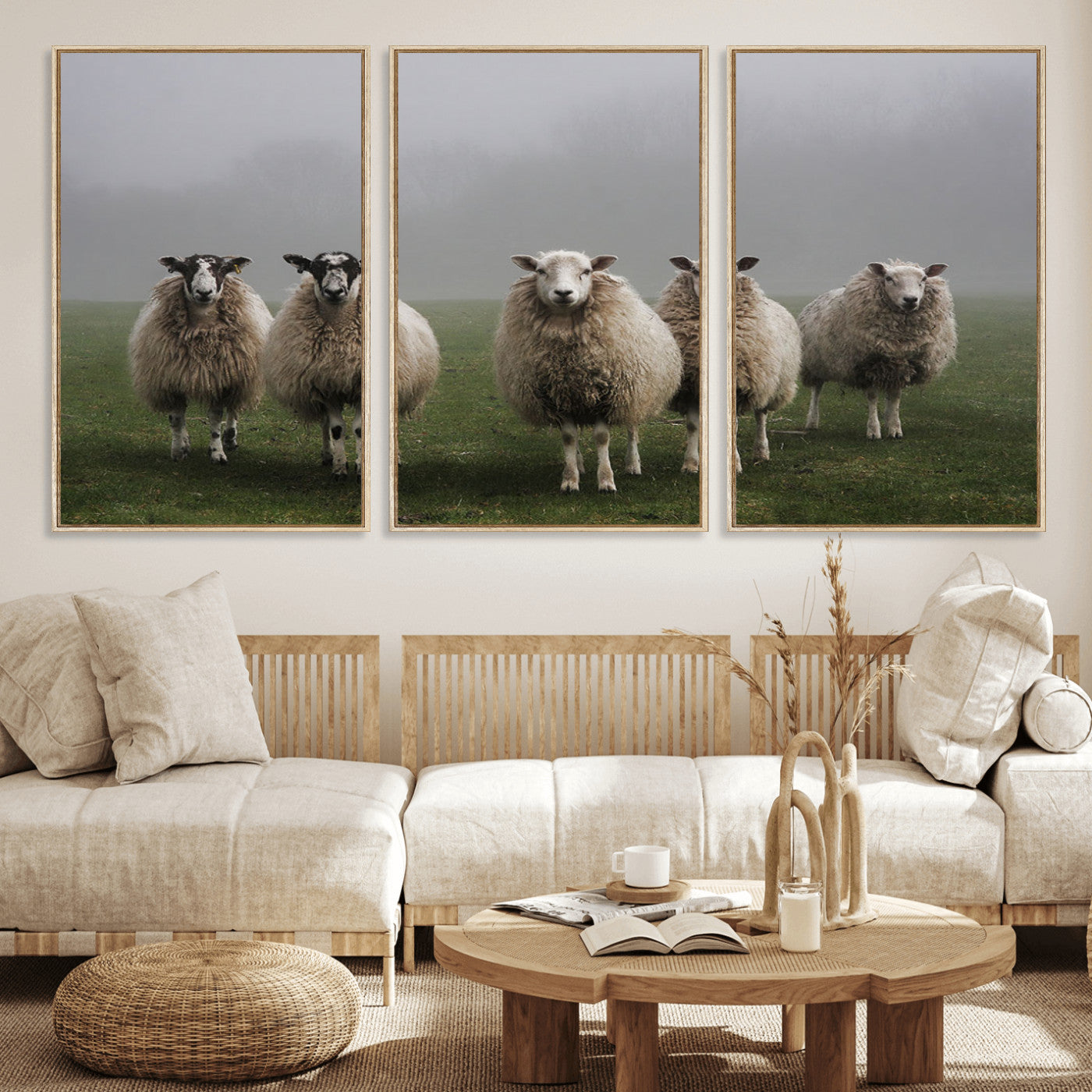 87339-MGV-CV-36X24-Sheep Wall Art – Rustic Farmhouse Canvas Print Flock Standing Misty Field Countryside Photography, Country Animal Decor for Living
